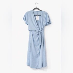 Light Blue faux Wrap Midi Dress with Tie Waist